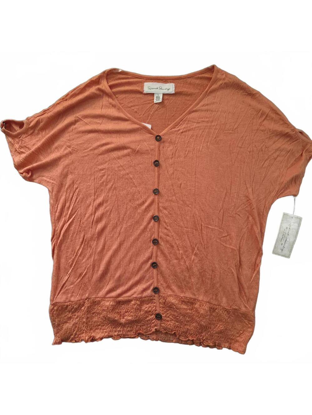 French Laundry Women's Rust Orange Button Front Short Sleeve Knit Top Size L